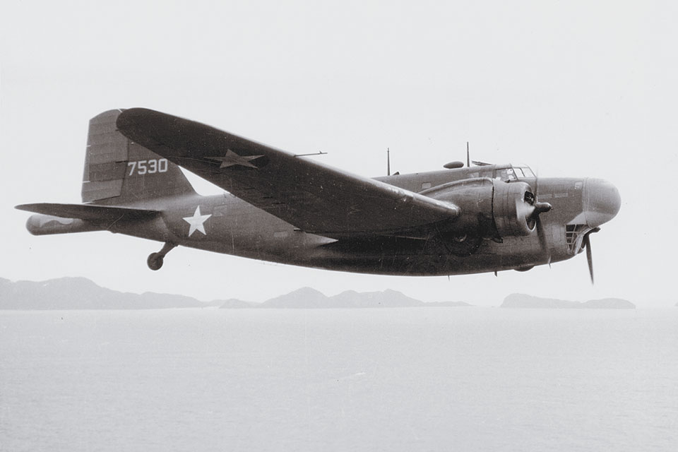 This Douglas B-18B Bolo is equipped with a magnetic anomaly detector in a tail boom. (U.S. Air Force)