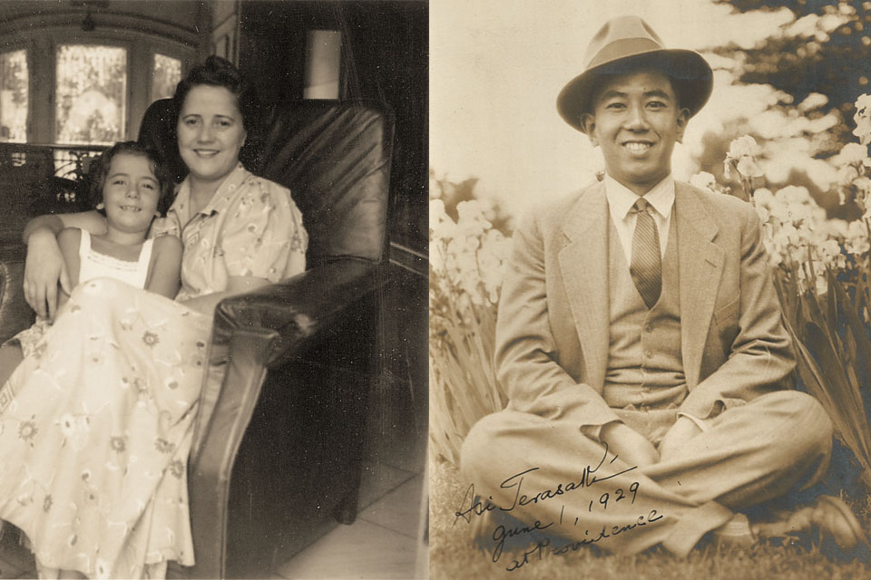Pictured in 1929 (right), Terasaki pursued post-graduate studies in English literature at Brown University before becoming an attaché at the Japanese embassy in Washington, DC. There he met his future wife, Gwen—left in 1937 with the couple’s daughter, Mariko. (Courtesy of Cole Miller, bridgetothesun.org)