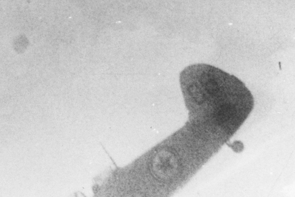 Hudson’s victory was captured with a malfunctioning camera by his radar operator, Lt. Carl Fraser. The Yak-11's North Korean insignia and the observer in the rear cockpit are just visible. (U.S. Air Force)