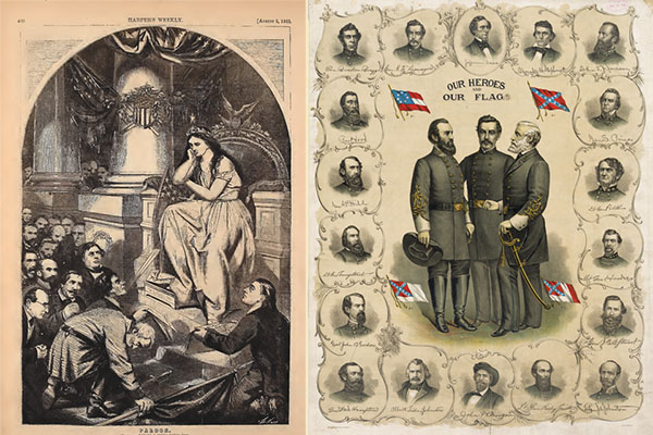 An Image Cast in Stone: Left, an August 1865 Harpers litho has Lee kneeling to Columbia; an 1896 print shows him with Stonewall Jackson, P.G.T. Beauregard, and 18 fellow officers.