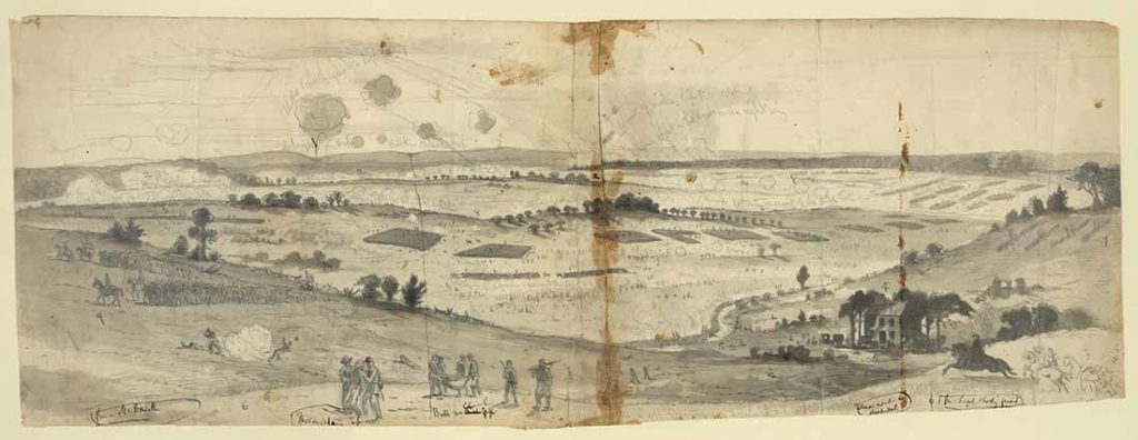 Ground Zero: After the battle, Edwin Forbes drew this view of Chinn Ridge, occupied late in the battle by McLean’s Ohio brigade. On the horizon, along the Warrenton Turnpike (modern Rte. 29), is the village of Groveton. (Library of Congress)