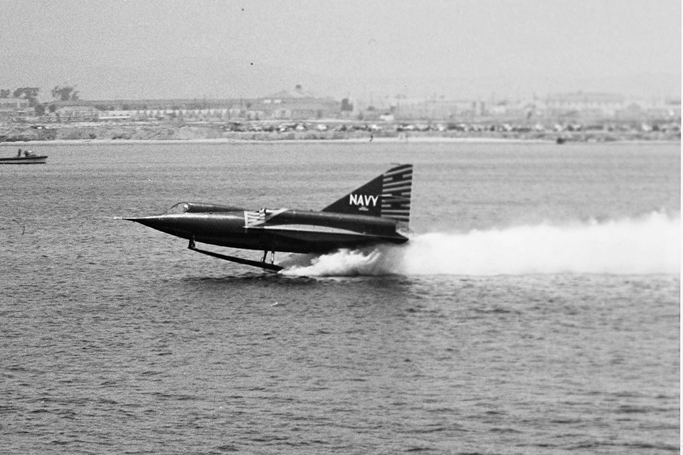 Test pilot Charles E. Richbourg pilots one of the five Sea Dart prototypes. (National Archives)