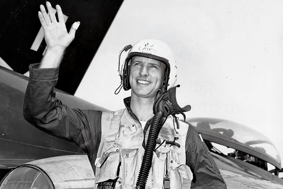 Diz waves to the crowd at the National Air Races on September 3, 1949, after he and three other VF-171 pilots flew from New York to Cleveland in record time. (Courtesy of Cmdr. Dean Laird)