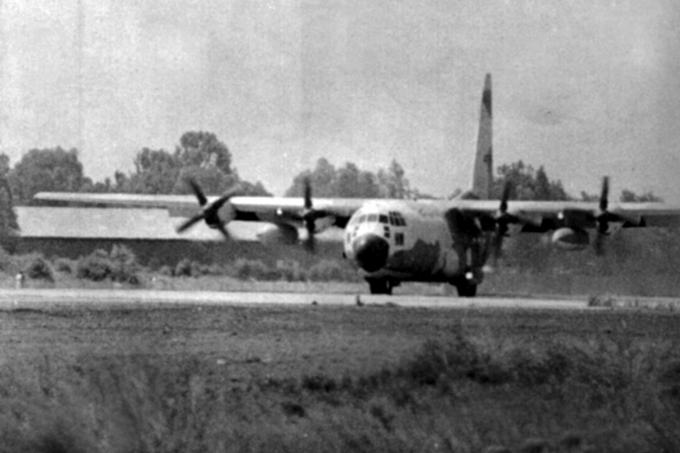 C-130 No. 4 arrives at Tel Nof with the freed hostages. (Israel Air Force)