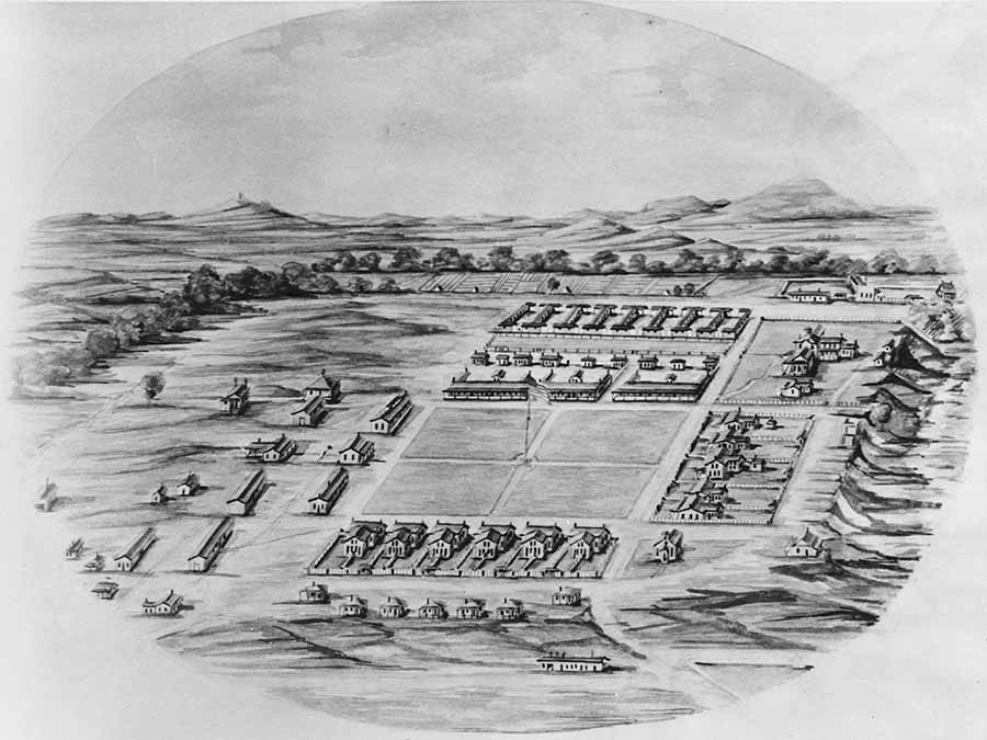 Bird's eye view drawing of Fort Sill, Oklahoma, late 1800s. (Historic American Buildings Survey/Library of Congress)