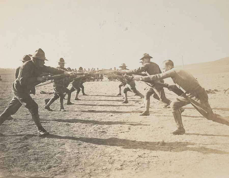 Bayonet practice at Camp Doniphan, Fort Sill, Oklahoma, 1917. (A.J. Quble/War Department/National Archives)