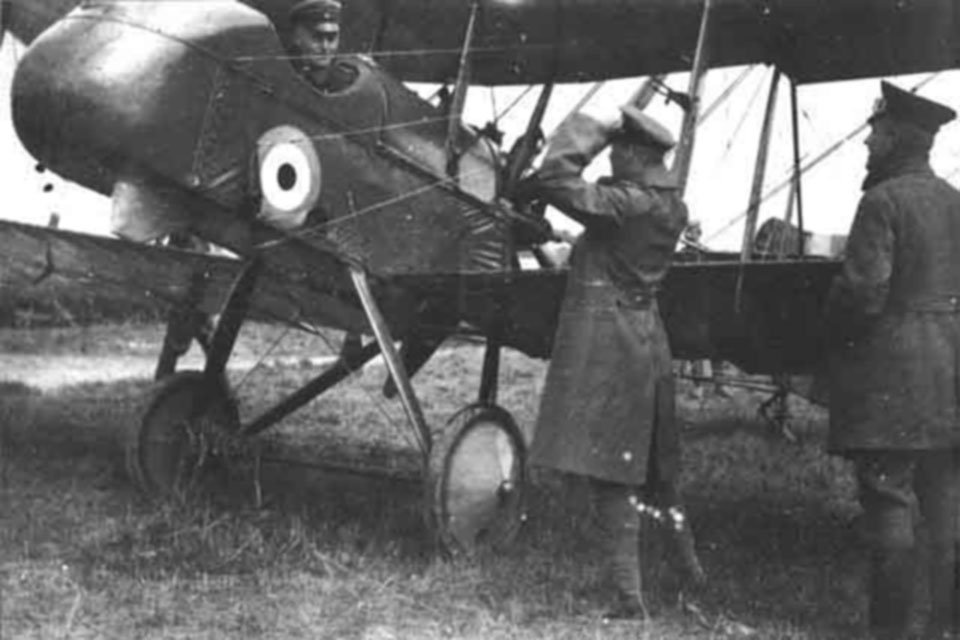 Lieutenant Otto Höhne sits in the cockpit of a D.H.2 of No. 24 Squadron brought down by Captain Oswald Boelcke on September 14, 1916, while Boelcke and Richthofen look on. (Photos courtesy of Greg van Wyngarden)