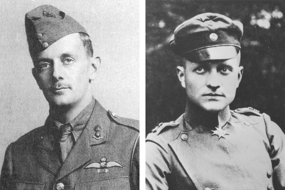 Hawker (left) became the first Briton to win the Victoria Cross for single-seat air-to-air combat. Richthofen (right) scored his 10th victory three days before his deadly duel with Hawker over the Somme battlefront. (Hawker: IWM Q 67598 Richthofen; Weider History Group archive)