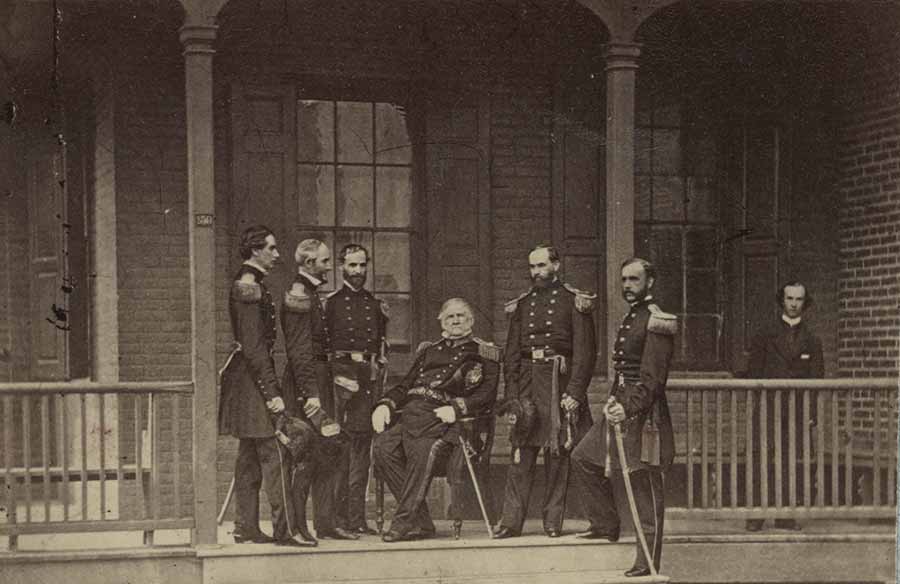 Lieutenant General Winfield Scott, General-in-Chief of the U.S. Army with his staff, c. 1861. (Library of Congress)