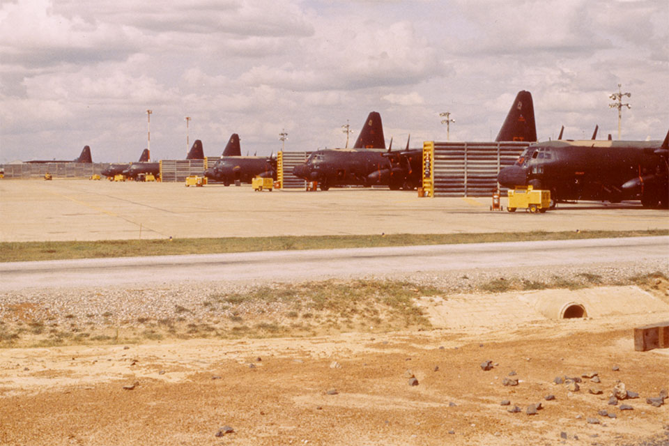 Waiting for nightfall in their revetments at Ubon AB Thailand, these AC-130As pack a suprise for enemy movement along the Ho Chi Minh trail. (U.S. Air Force)