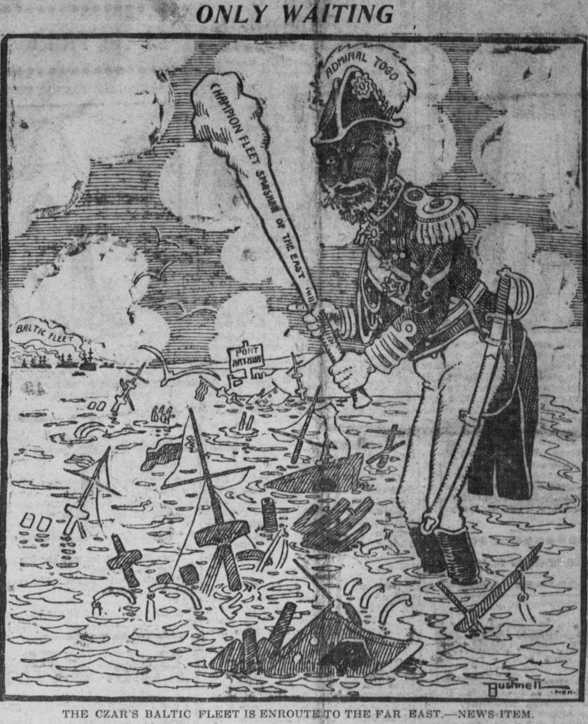 A political cartoon captures the Russians' loss as a smirking Togo stands over a devastated Baltic Fleet, its debris spread out across Port Arthur. Japan suffered minimal losses during the battle, and gained the upper-hand with control of the port.