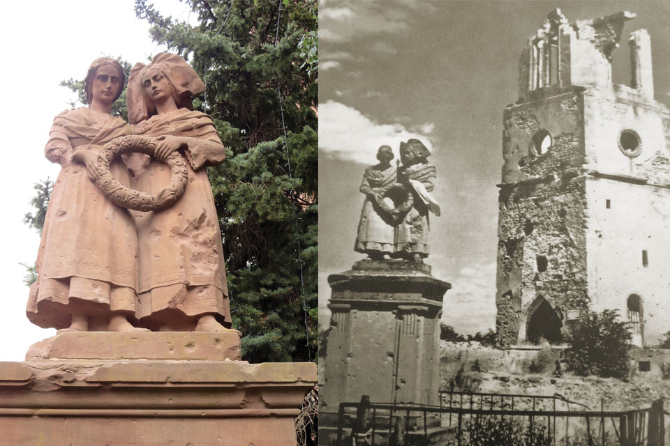 A World War I memorial (left) is one of the few relics that remain of Bennwihr’s prewar past. Left, the statue before the city's destruction. (Courtesy of James Ullrich)