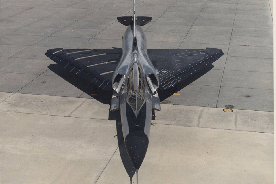 This view of a two-seat F-106B research aircraft highlights the Delta Dart's area-ruled fuselage. (NASA)
