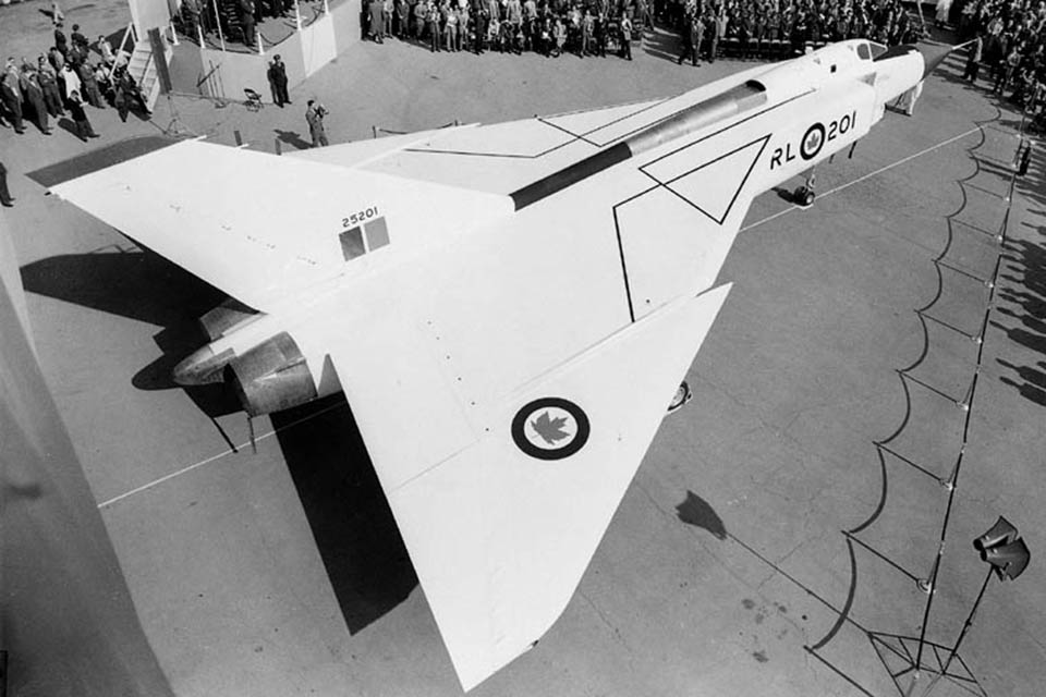 The Avro Canada CF-105 Arrow is rolled out for public inspection. (Library and Archives Canada / PA-210520)