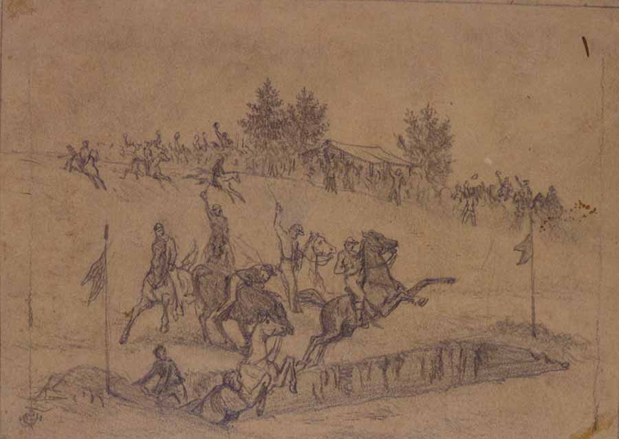 A rider is thrown from his mount while attempting to clear a ditch. (Edwin Forbes/Library of Congress)