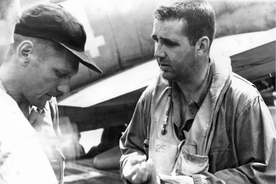 As Commander Air Group (CAG) commanding Air Group Six, on the carrier Enterprise, O'Hare elected to lead the pioneering night mission of November 26, 1943. (National Archives)
