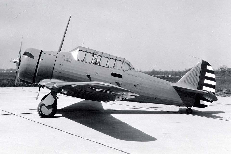 North American’s BC-1 (basic combat, type 1) sported retractable landing gear. The Air Corps would redesignate the airplane the AT-6. (National Archives)
