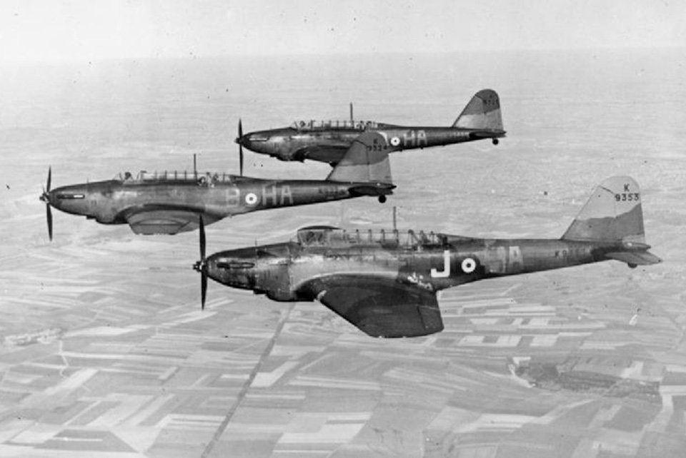 Fairey Battle fighter-bombers of RAF No. 218 Squadron fly in formation over France. (IWM C 2116)