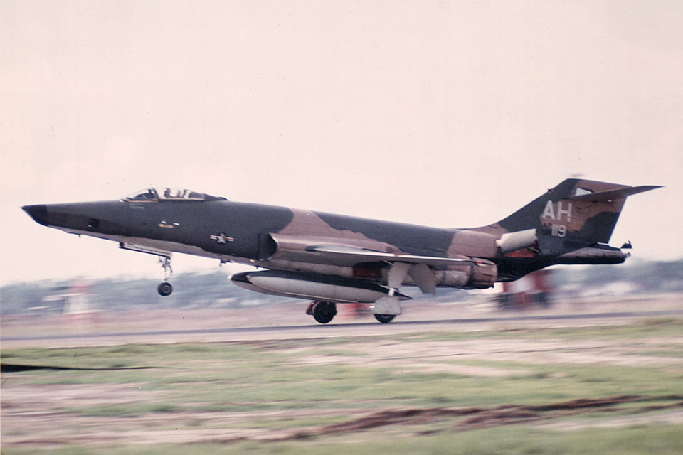 Having successfully dodged SAMs and "Triple-A" on another mission over North Vietnam, an RF-101C of the 45th Tactical Reconnaissance Squadron returns home at Tan Son Nhut Air Base. (U.S. Air Force)