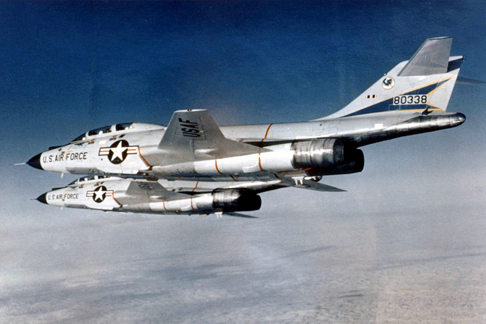 F-101Bs from the 18th Fighter Interceptor Squadron fly on patrol. The B model became the most numerous and longest-lived Voodoo variant. (U.S. Air Force)