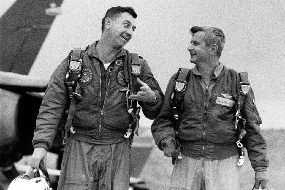 Majors John Revak, left, and Stan Goldstein, an electronic warfare officer, paired up in Wild Weasel school and flew together on 100 missions over North Vietnam in 1968. They remain close friends. (U.S. Air Force)