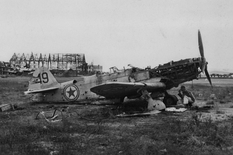 The Yak-9, in production until 1947, was encountered in combat as late as the early stages of the Korean War. Often misidentified as a Yak-11, this dilapidated fighter ends its career on a captured North Korean airfield. (National Archives)