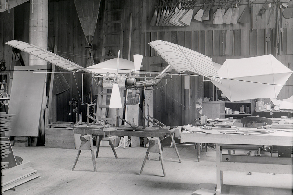 Langley's Aerodrome No. 5 sits in the Smithsonian Institution’s shop following two successful flights on May 6, 1896. (Library of Congress)