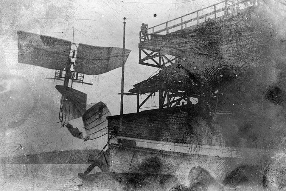 The Great Aerodrome breaks up upon being catapulted into the air on December 8, 1903, after which Langley abandoned his aviation experiments. Nine days later, Orville and Wilbur Wright would succeed where Lang­ley had failed. (Library of Congress)