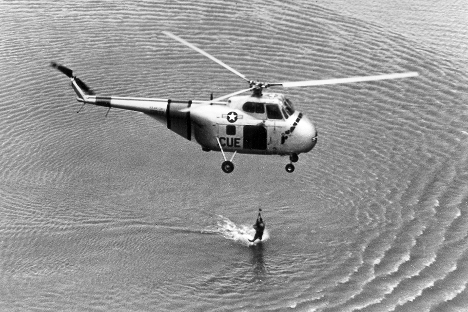 With his Sabre heavily damaged in the dogfight with Fedorets, McConnell ejected and parachuted into the Yellow Sea, where he was rescued by a Sikorsky H-19A Chickasaw helicopter. (U.S. Air Force)