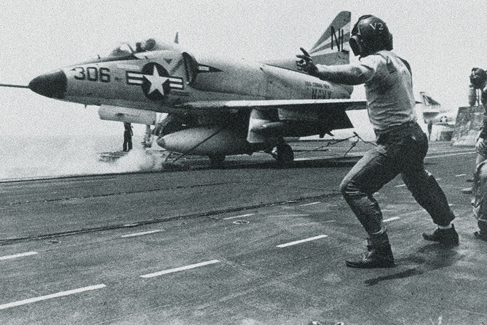 An A-4 Skyhawk takes off from an aircraft carrier in 1966 during Operation Rolling Thunder. Taylor and many other political and military leaders believed the bombing campaign would quickly force the North Vietnamese communists to retreat from South Vietnam. (Getty Images)