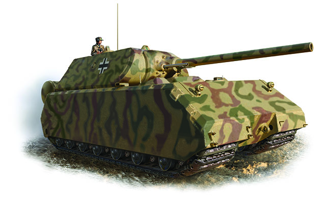 Maus: Two Panzerkampfwagen VIII Maus prototypes were built and tested. Hitler had wanted the tank to be indestructible, but its weight proved a constant problem. (Illustration by Jim Laurier) (Click to enlarge)