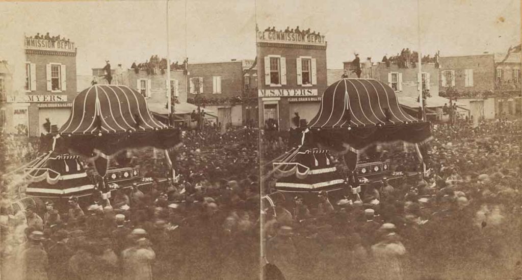 Declaration of Grief: Lincoln’s horse-drawn casket could barely make its way from the train station to Independence Hall through the crowds that choked Philadelphia’s Broad Street. (Library of Congress)