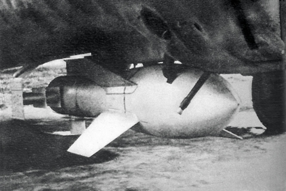 The Fritz X had a 710lb warhead and the nearly 11 foot long bomb weighed over 3,000 pounds. (National Archives)