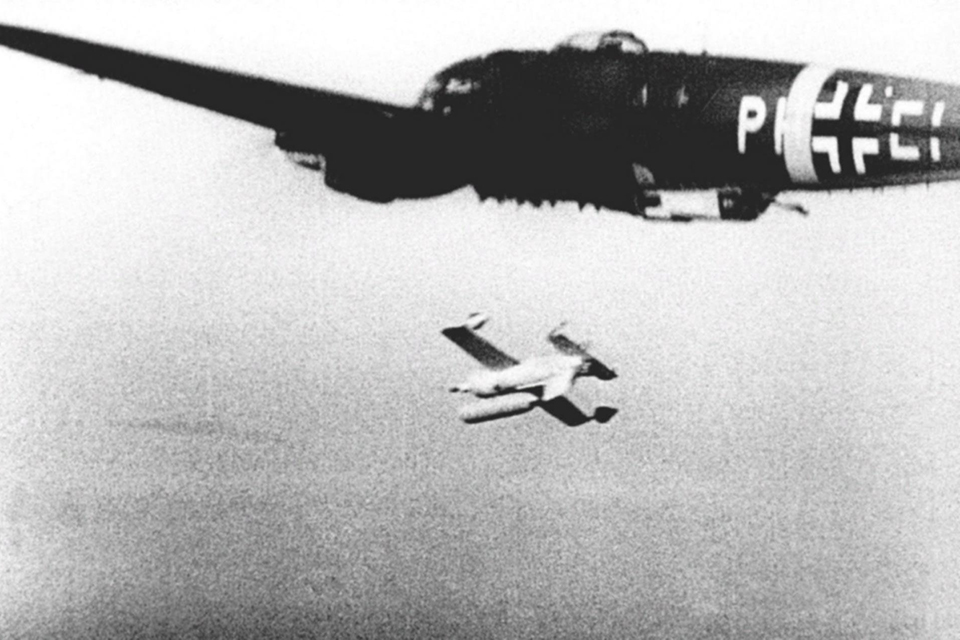The Henschel Hs 293, shown in a test launch from a Heinkel He-111H, had nearly three times the range of the Fritz X. (HistoryNet Archives)