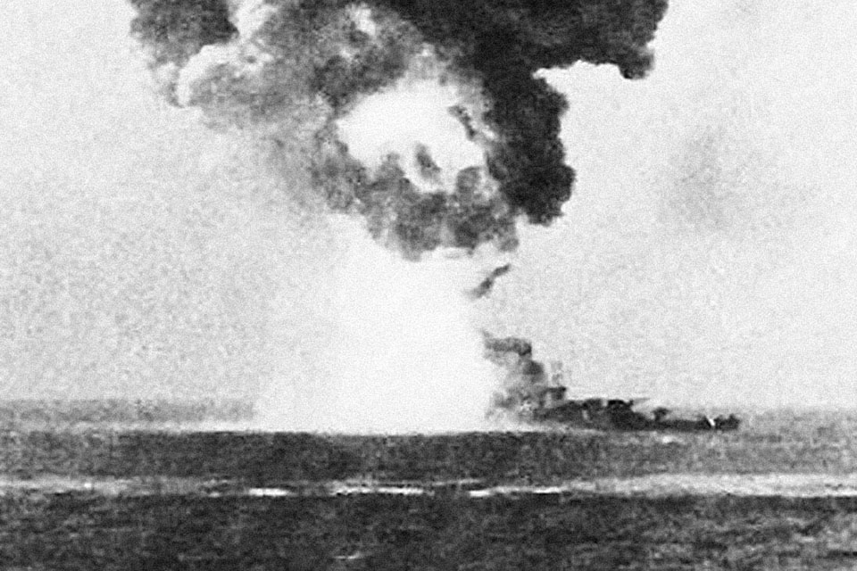 Devistated by two German Fritz X guided bombs, the Italian battleship Roma broke in two and sank on September 9, 1943. (HistoryNet Archives)