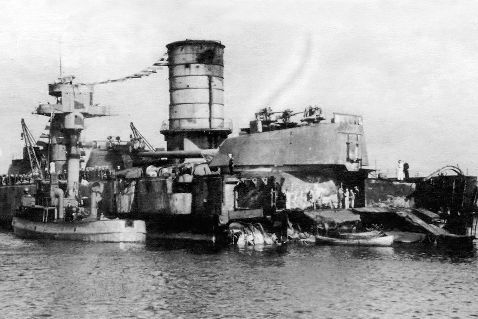 The Soviet battleship Marat, whose bow was blown off during Rudel’s September 23 attack, undergoes repairs in Kronstadt Harbor. Although Marat would contribute to the defense of Leningrad as a floating battery, it never steamed out of Kronstadt again. (National Archives)