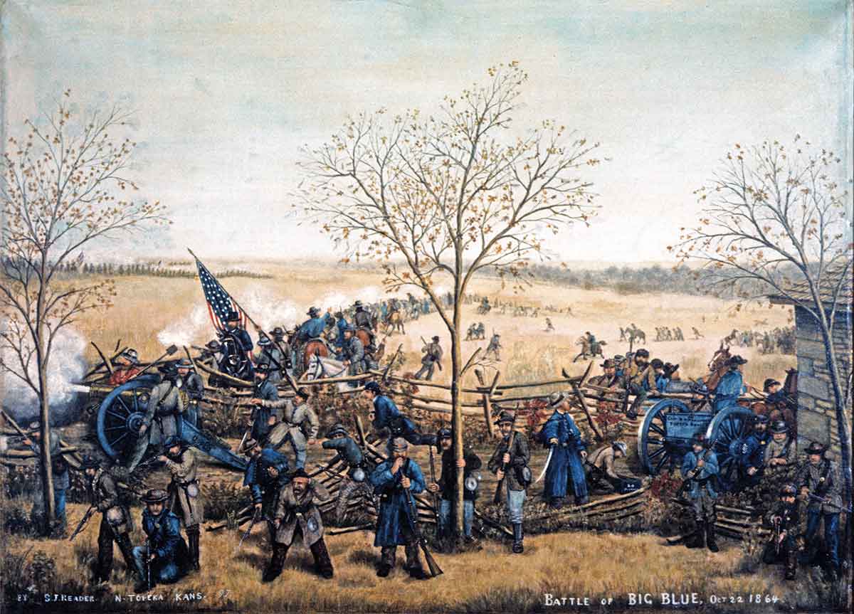 Wake-Up Call: In this painting by Samuel Reader of the 2nd Kansas Militia, Union skirmishers contest an attack at the October 22 Battle of the Big Blue. Reader was captured during the fighting but later escaped. (Kansas State Historical Society)