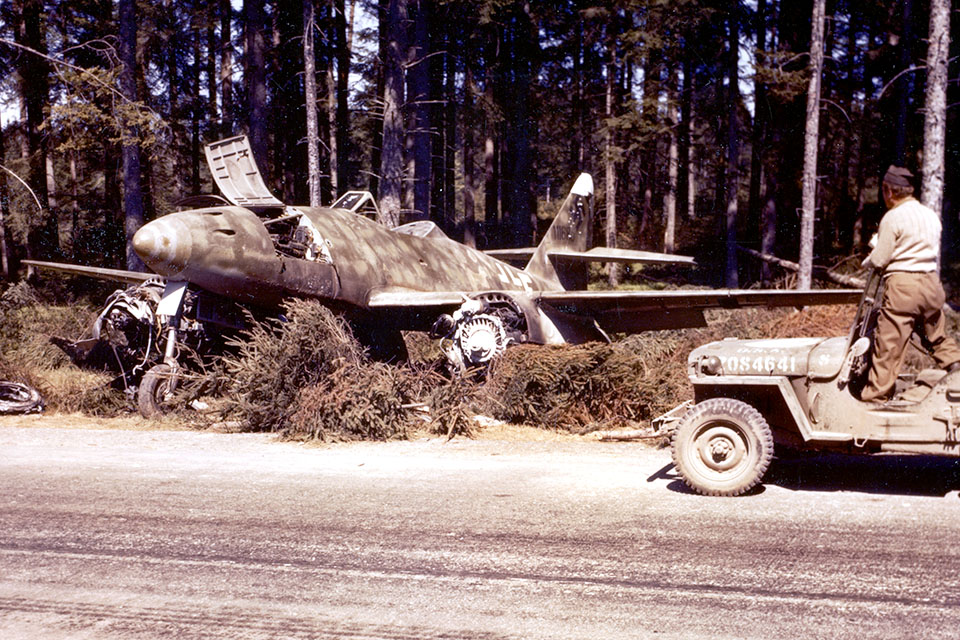 Our Me-262A-2a served with KG 51 and was flown operationally until April 1945. "White F" was discovered by American troops on the edge of the autobahn south of München. (National Archives)