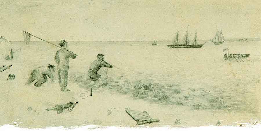 Fresh Seafood: Union troops from Florida’s Fort Pickens surf fish from Santa Rosa Island in 1861. One Yank has simply tied a line to a stake driven into the beach, and strains as he hauls in another catch. (Heritage Auctions, Dallas)
