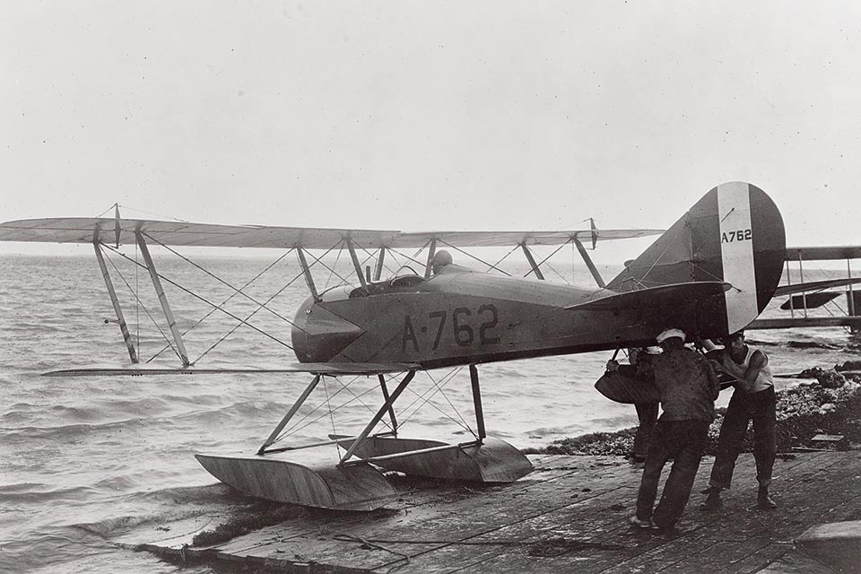 One of six S-5 floatplanes delivered to the U.S. Navy in 1917 prepares for takeoff at Naval Air Station Dinner Key in Florida. (National Archives)