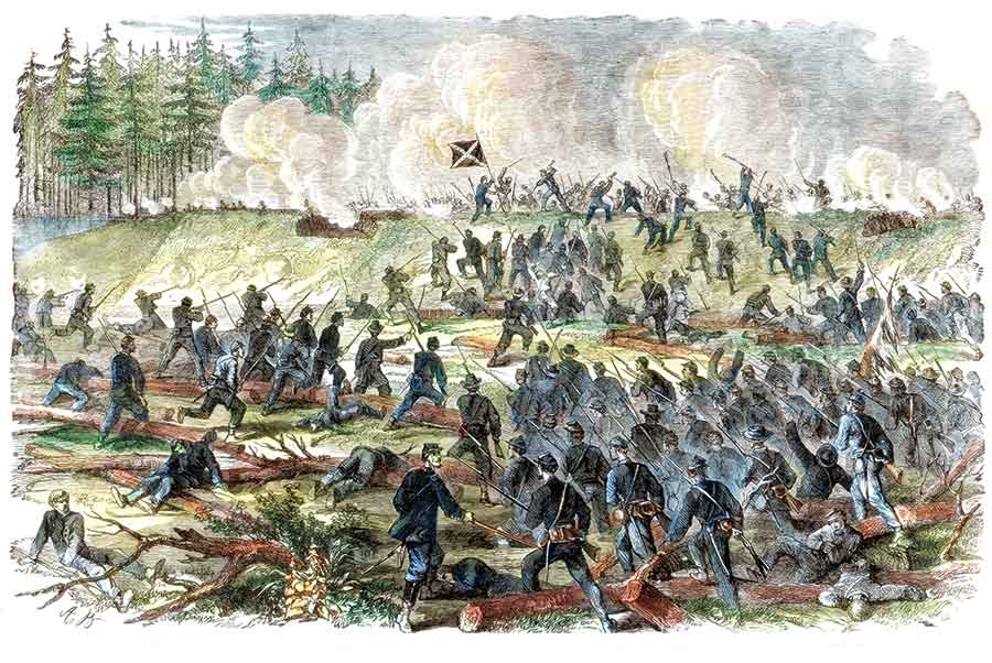 This Close: An engraving depicts 18th Corps’ USCT regiments surging into a Confederate Dimmock Line battery on June 15, 1864. As the map indicates, the Federal assaults initially made good headway against the thinly held Rebel defenses, and Petersburg seemed ripe for the taking. But Federal caution and an influx of Confederate reinforcements brought on the months-long Siege of Petersburg. (The Print Collector/Print Collector/Getty Images)