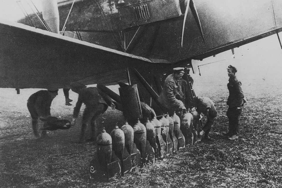 High explosive incendiary bombs being loaded onto a Handley Page bomber at Cramaille, France. (Hulton Archive/Getty Images)