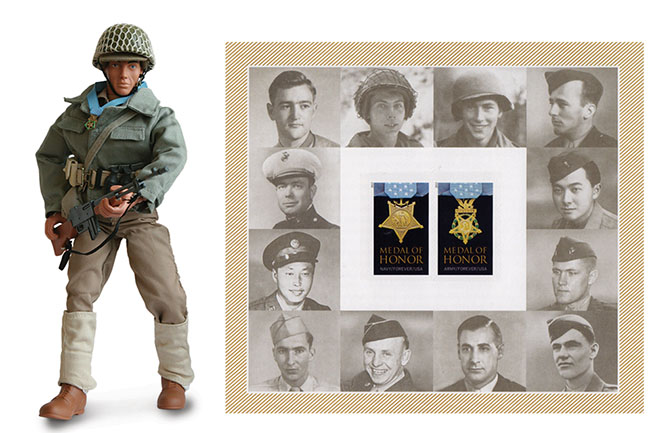 Currey was awarded a Medal of Honor for his actions that December day—and got another distinctive honor in 1997, when Kenner created a G.I. Joe figure (left) in his likeness. In 2013, the U.S. Postal Service hailed the war’s Medal of Honor heroes on a folio featuring portraits of 12 recipients, Currey included. (Left: Historynet Archives; Photo by Guy Aceto; Right: Historynet Archives)