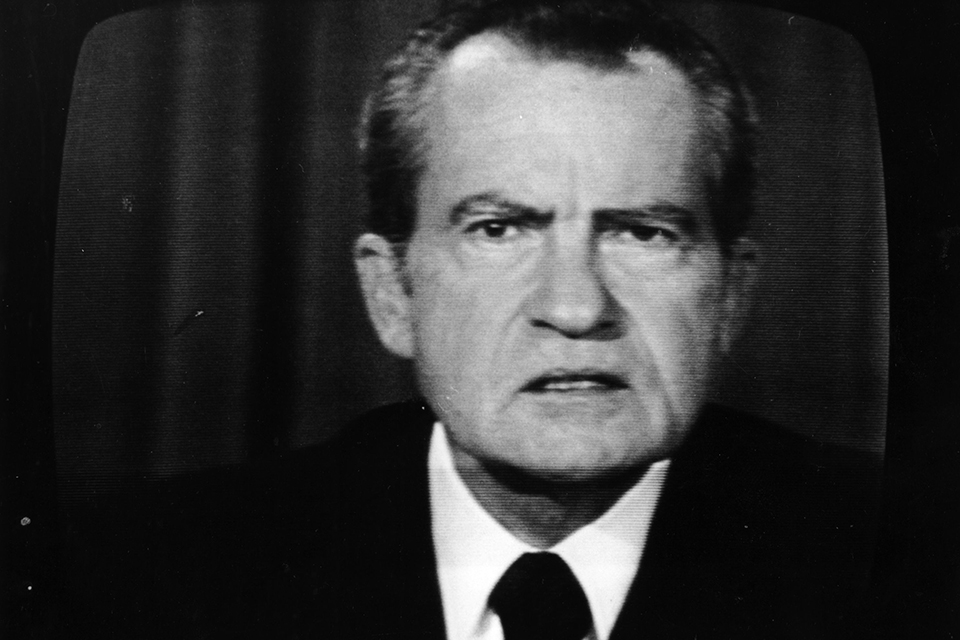 President Richard M. Nixon resigned August 9, 1974, in the face of impeachment and almost certain removal from office. (Photo by Keystone/Getty Images)