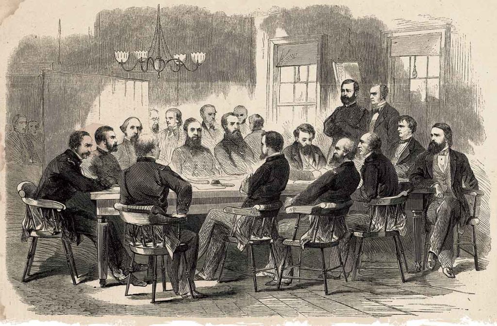 Porter’s Court: This Harper’s Weekly engraving illustrates the close quarters of Porter’s court-martial. Clean-shaven Holt sits at the far right of the table, while the accused general stands in uniform to Holt’s right. (Harper’s Weekly)