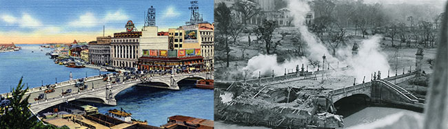 Gracefully spanning Manila’s Pasig River, Jones Bridge was completed in 1921 (left); in 1945, Japan destroyed it (right) and other bridges, forcing American soldiers to cross by assault boat.