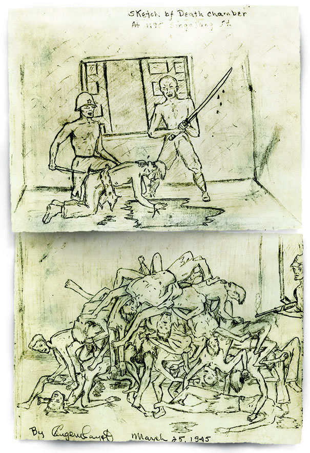 A survivor’s sketch shows how the Japanese killed 200 men over a hole in a floor, toppling their bodies to the room below. (National Archives)
