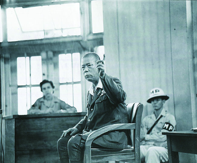 Japanese general Tomoyuki Yamashita testifies in his defense. (National Archives)