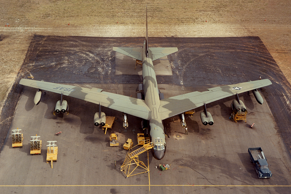 The B-52 proved to be a supremely capable conventional bomber. This B-52D displays auxiliary fuel tanks and external pylons loaded with additional bombs. (U.S. Air Force)
