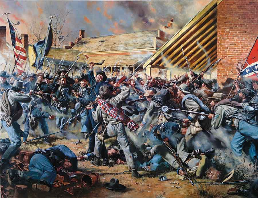 Colonel Emerson Opdycke‘s 125th Ohio engages Confederates near the Carter House at a critical point of the fighting, in a painting by Don Troiani. (Troiani, Don (B.1949)/Private Collection/Bridgeman Images)